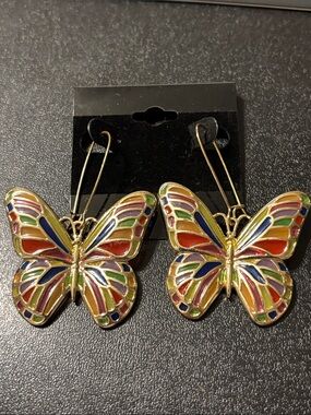 Gold-Tone Multicolor Enamel Butterfly Drop Earrings